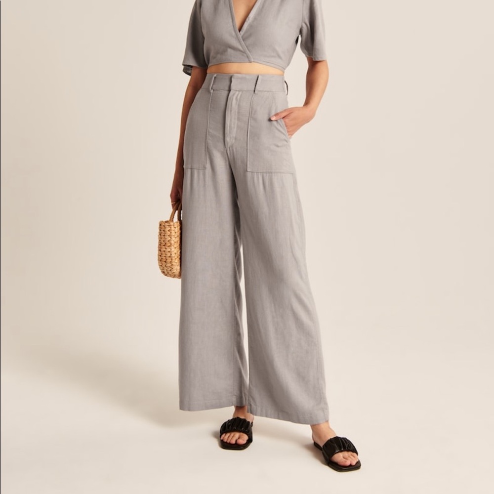 Tan Abercrombie & Fitch Linen Blend Wide Leg Pants